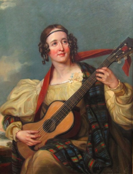 WATSON -GORDON John - Seated lady in yellow silk gown with plaid stole and playing a guitar