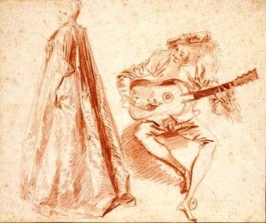 WATTEAU Jean Antoine - Girl standing in profile to left, with a man, playing a guitar