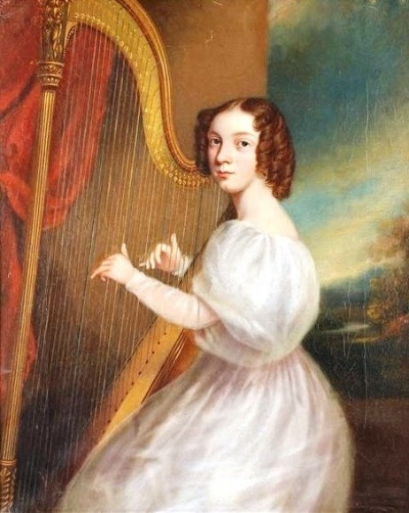 ANONYMOUS - Young lady, playing the harp, with a landscape beyond 