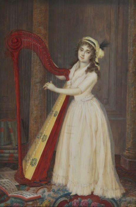 ANONYMOUS - Gernan school, portrait of a lady wearing a white dress and playing a harp, 