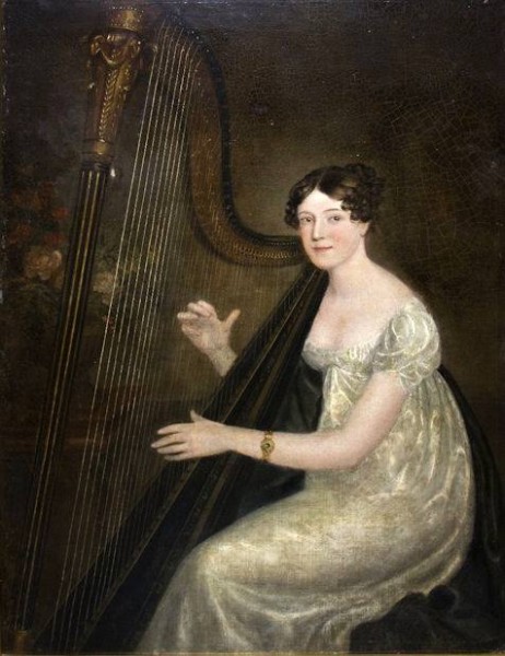 NORTHCOTE James  - Portrait of an Elegant Lady Playing the Harp with an Arrangement of Flowers on a Ledge