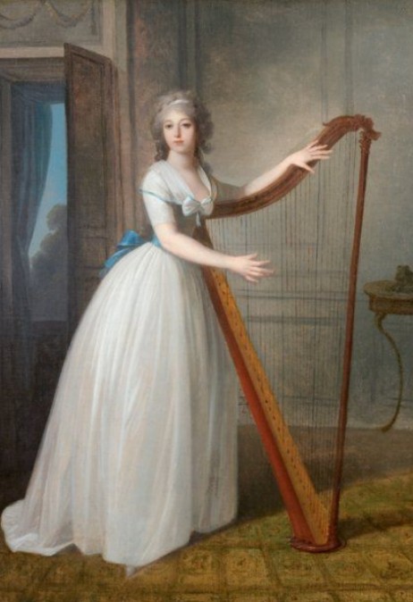 VALLIN Jacques-Antoine - Jeune femme à la harpe, en robe blanche et large ceinture bleue, dans un intérieur