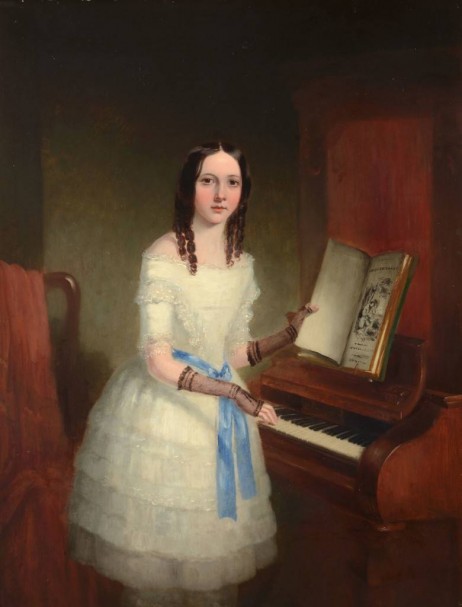 BOWNESS William - Portrait of a girl, three-quarter length, before a cabinet piano