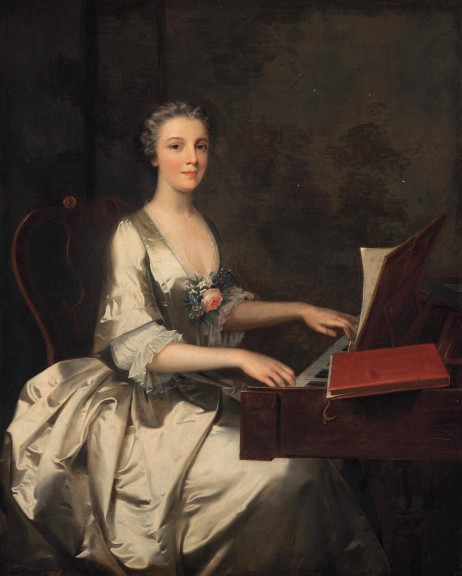 VERELST Willem - Portrait of a lady, three-quarter-length, in a white silk dress, seated playing a clavichord