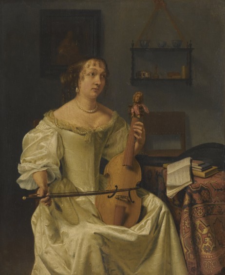 ANONYMOUS - Dutch school, a lady elegantly attired in a silk dress playing a treble viola da gamba in an interior, 17th century