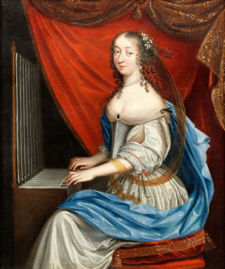 BEAUBRUN Charles  - Portrait of a lady, as Saint Cecilia, three-quarter-length, in a white dress and a blue wrap, playing an organ