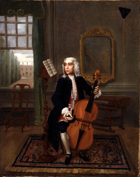 PHILIPS Charles - Portrait of a gentleman seated playing a cello, a spinet behind